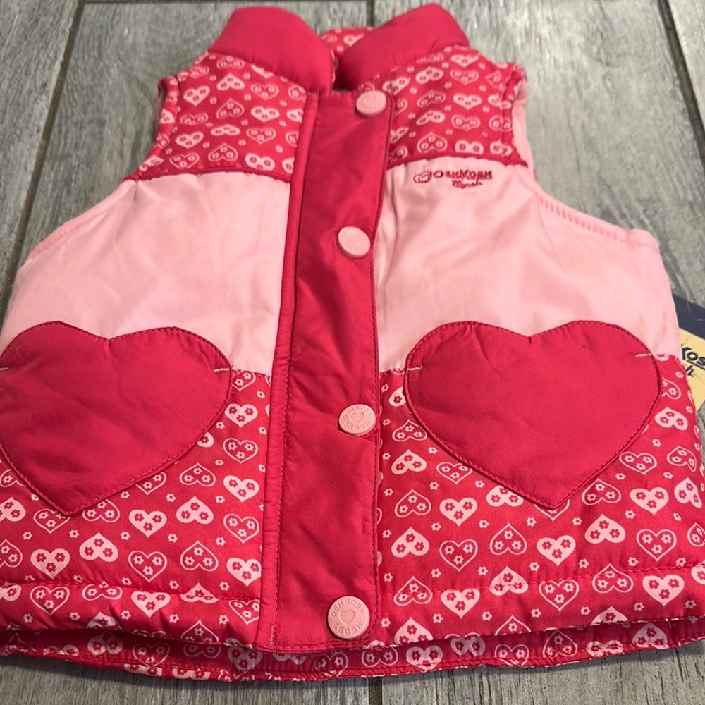 Osh Kosh Pink and Red Heart Patterned Puffer Vest 2T NWT